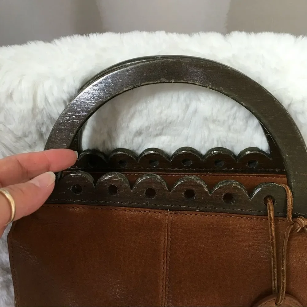 American Angel Womens Genuine Leather Wood Handle Shoulder Crossbody Bag Brown
